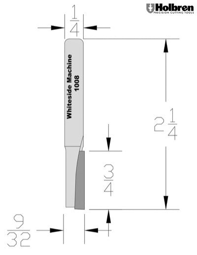 Whiteside 1008 Straight Router Bit 9/32" Cutting Diameter 3/4" Cut Length 1/4" Shank 1 Flute