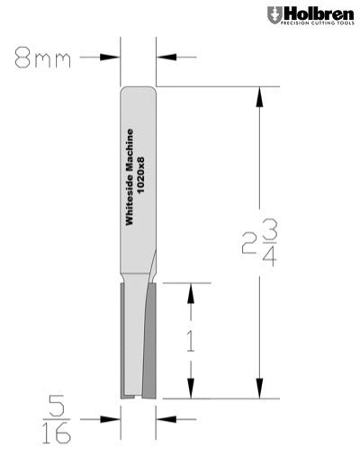 Whiteside 1020x8 Straight Router Bit 5/16" Cutting Diameter 1" Cut Length 8mm Shank 2 Flute