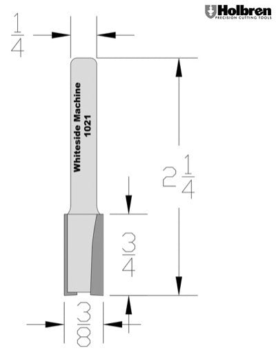 Whiteside 1021 Straight Router Bit 3/8" Cutting Diameter 3/4" Cut Length 1/4" Shank 2 Flute