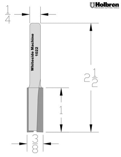 Whiteside 1022 Straight Router Bit 3/8" Cutting Diameter 1" Cut Length 1/4" Shank 2 Flute