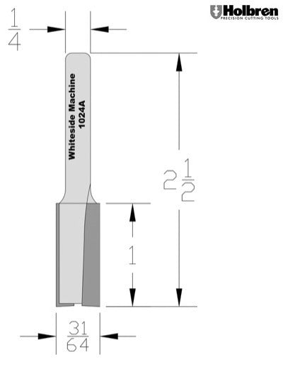 Whiteside 1024A Straight Router Bit 31/64" Cutting Diameter 3/4" Cut Length 1/4" Shank 2 Flute