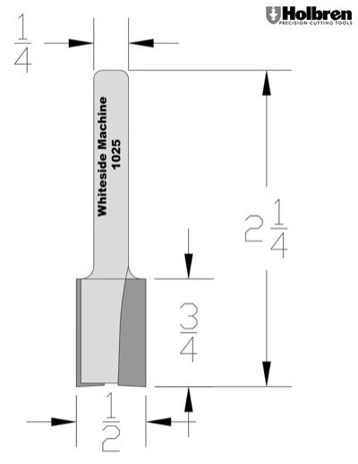 Whiteside 1025 Straight Router Bit 1/2" Cutting Diameter 3/4" Cut Length 1/4" Shank 2 Flute