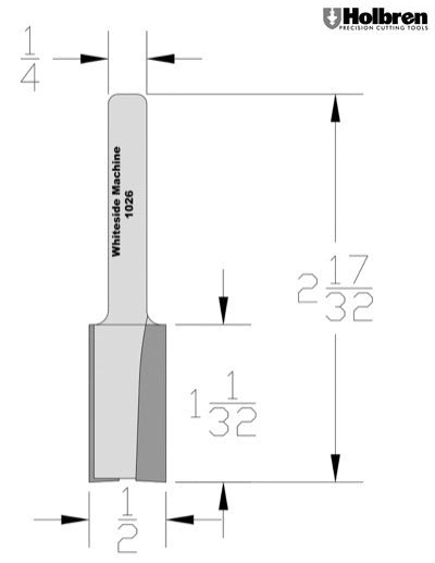 Whiteside 1026 Straight Router Bit 1/2" Cutting Diameter 1" Cut Length 1/4" Shank 2 Flute