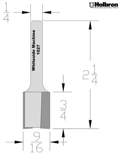 Whiteside 1027 Straight Router Bit 9/16" Cutting Diameter 3/4" Cut Length 1/4" Shank 2 Flute