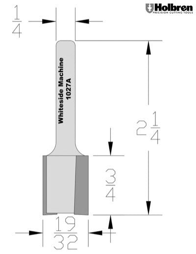 Whiteside 1027A Straight Router Bit 19/32" "Cutting Diameter 3/4" Cut Length 1/4" Shank 2 Flute