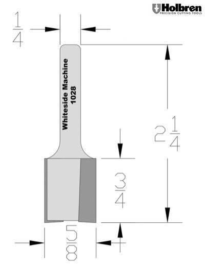 Whiteside 1028 Straight Router Bit 5/8" Cutting Diameter 3/4" Cut Length 1/4" Shank 2 Flute