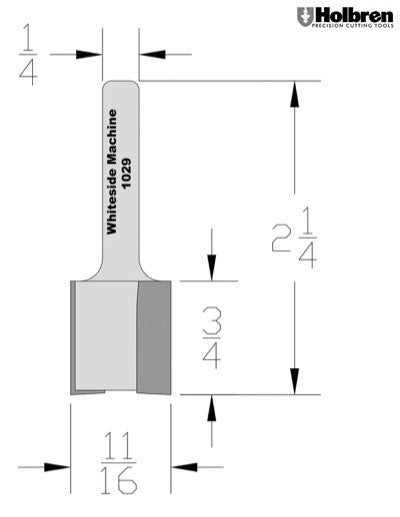 Whiteside 1029 Straight Router Bit 11/16" Cutting Diameter 3/4" Cut Length 1/4" Shank 2 Flute