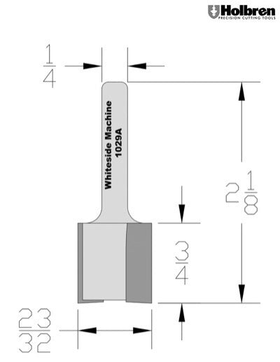 Whiteside 1029A Straight Router Bit 23/32" Cutting Diameter 3/4" Cut Length 1/4" Shank 2 Flute