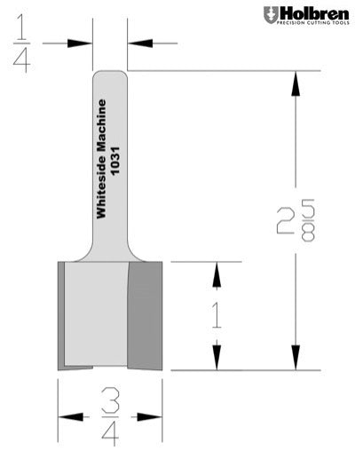 Whiteside 1031 Straight Router Bit 3/4" Cutting Diameter 1" Cut Length 1/4" Shank 2 Flute
