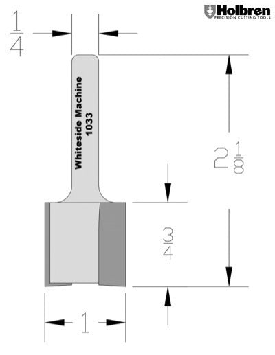 Whiteside 1033 Straight Router Bit 1" Cutting Diameter 3/4" Cut Length 1/4" Shank 2 Flute