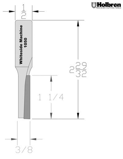Whiteside 1050 Straight Router Bit 3/8" Cutting Diameter 1-1/4" Cut Length 1/2" Shank 1 Flute