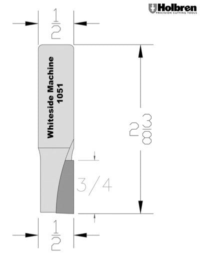 Whiteside 1051 Straight Router Bit 1/2" Cutting Diameter 3/4" Cut Length 1/2" Shank 1 Flute