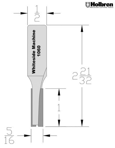 Whiteside 1060 Straight Router Bit 5/16" Cutting Diameter 1" Cut Length 1/2" Shank 2 Flute