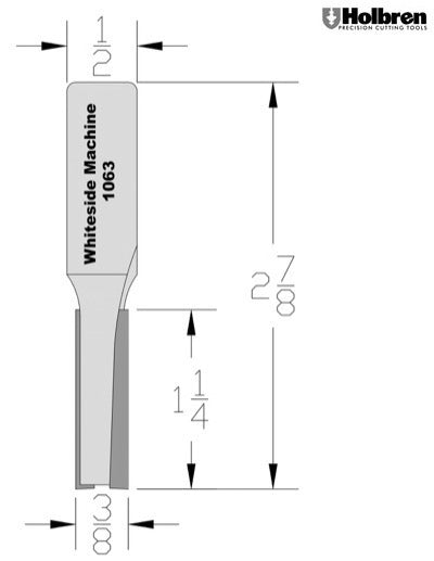Whiteside 1063 Straight Router Bit 3/8" Cutting Diameter 1-1/4" Cut Length 1/2" Shank 2 Flute