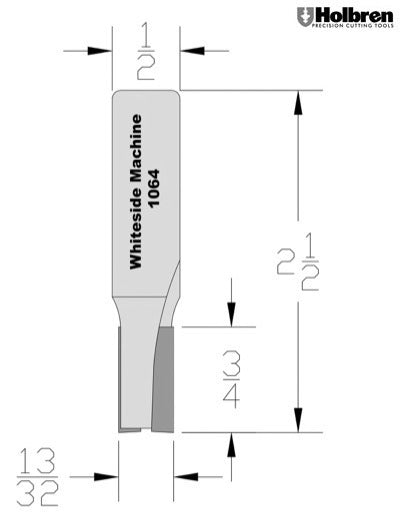 Whiteside 1064 Straight Router Bit 13/32" Cutting Diameter 3/4" Cut Length 1/2" Shank 2 Flute