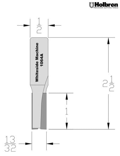 Whiteside 1064A Straight Router Bit 13/32" Cutting Diameter 1" Cut Length 1/2" Shank 2 Flute