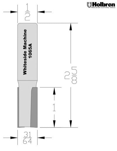 Whiteside 1065A Straight Router Bit 31/64" Cutting Diameter 1" Cut Length 1/2" Shank 2 Flute