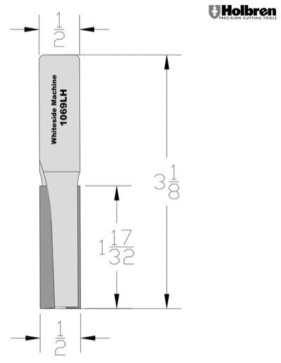 Whiteside 1069LH Left Hand Straight Router Bit 1/2" Cutting Diameter 1-1/2" Cut Length 1/2" Shank 2 Flute