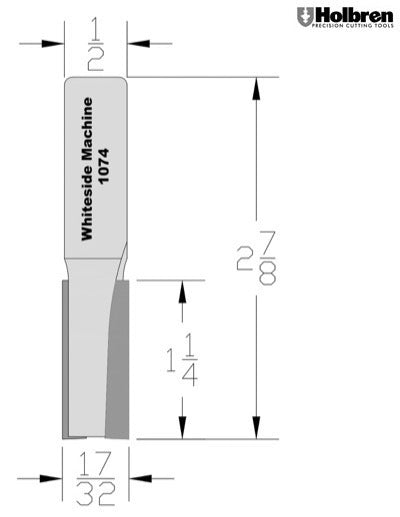 Whiteside 1074 Straight Router Bit 17/32" Cutting Diameter 1-1/4" Cut Length 1/2" Shank 2 Flute