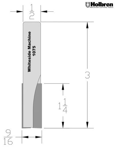 Whiteside 1075 Straight Router Bit 9/16" Cutting Diameter 1-1/4" Cut Length 1/2" Shank 2 Flute
