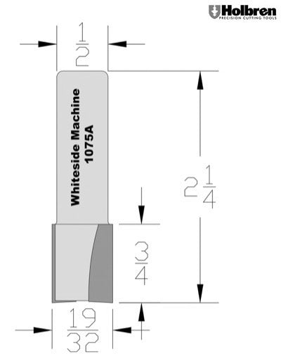Whiteside 1075A Straight Router Bit 19/32" "Cutting Diameter 3/4" Cut Length 1/2" Shank 2 Flute Undersize Plywood Dado