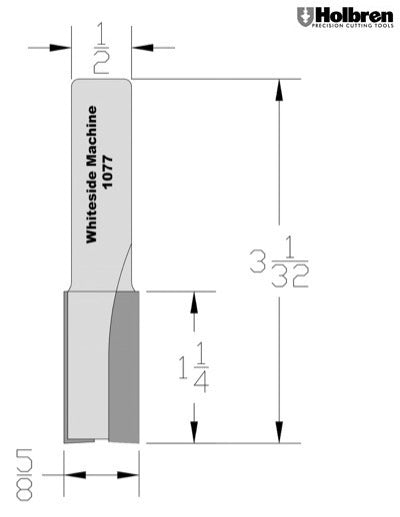 Whiteside 1077 Straight Router Bit 5/8" Cutting Diameter 1-1/4" Cut Length 1/2" Shank 2 Flute