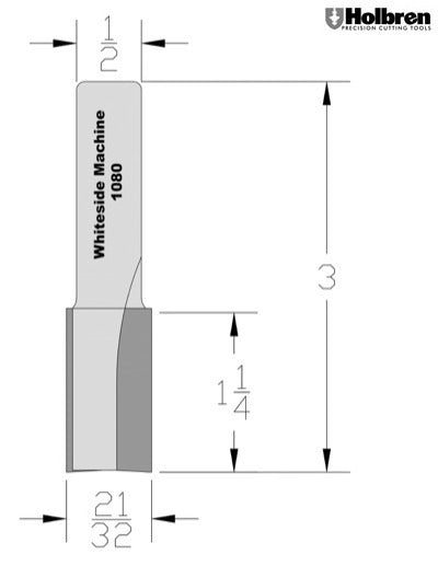 Whiteside 1080 Straight Router Bit 21/32" Cutting Diameter 1-1/4" Cut Length 1/2" Shank 2 Flute