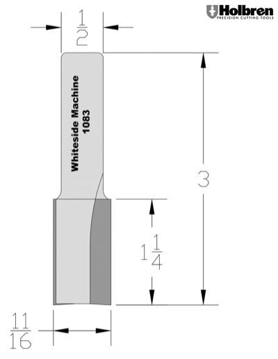 Whiteside 1083 Straight Router Bit 11/16" Cutting Diameter 1-1/4" Cut Length 1/2" Shank 2 Flute