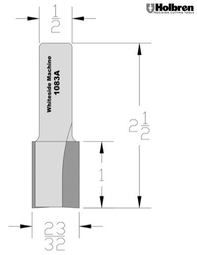 Whiteside 1083A Straight Router Bit 23/32" Cutting Diameter 1" Cut Length 1/2" Shank 2 Flute Undersize Plywood Dado