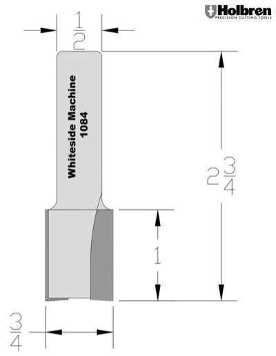 Whiteside 1084 Straight Router Bit 3/4" Cutting Diameter 1" Cut Length 1/2" Shank 2 Flute