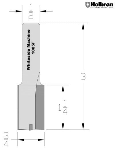 Whiteside 1085F Straight Router Bit w/boring point 3/4" Cutting Diameter 1-1/4" Cut Length 1/2" Shank 2 Flute