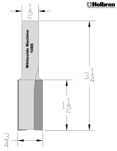 Whiteside 1086 Straight Router Bit 3/4" Cutting Diameter 1-1/2" Cut Length 1/2" Shank 2 Flute