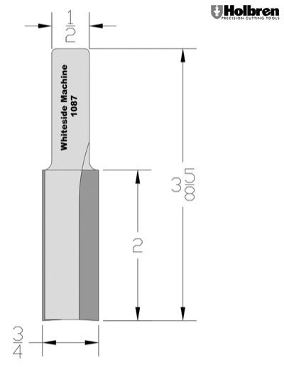 Whiteside 1087 Straight Router Bit 3/4" Cutting Diameter 2" Cut Length 1/2" Shank 2 Flute