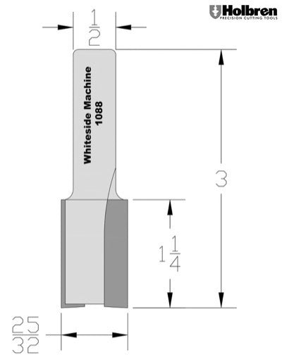 Whiteside 1088 Straight Router Bit 25/32" Cutting Diameter 1-1/4" Cut Length 1/2" Shank 2 Flute