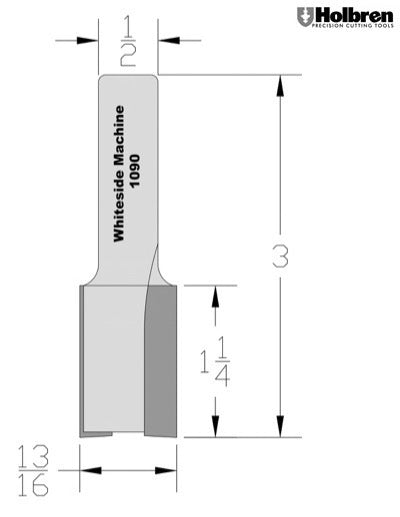 Whiteside 1090 Straight Router Bit 13/16" Cutting Diameter 1-1/4" Cut Length 1/2" Shank 2 Flute