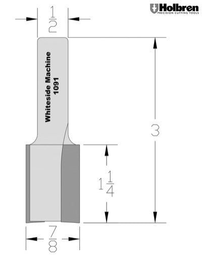 Whiteside 1091 Straight Router Bit 7/8" Cutting Diameter 1-1/4" Cut Length 1/2" Shank 2 Flute