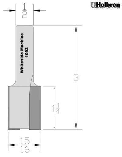 Whiteside 1092 Straight Router Bit 15/16" Cutting Diameter 1-1/4" Cut Length 1/2" Shank 2 Flute