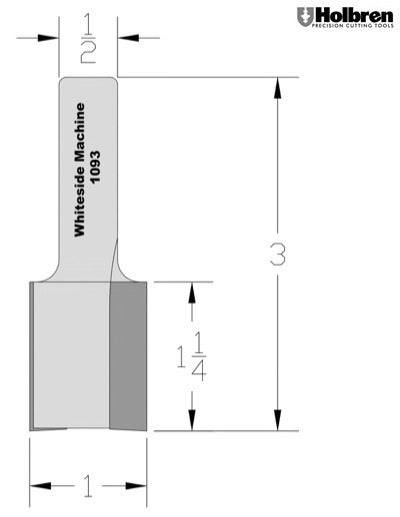 Whiteside 1093 Straight Router Bit 1" Cutting Diameter 1-1/4" Cut Length 1/2" Shank 2 Flute