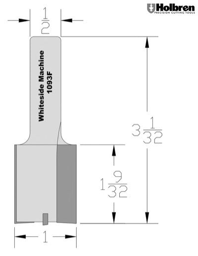 Whiteside 1093F Straight Router Bit 1" Cutting Diameter 1-1/4" Cut Length 1/2" Shank 2 Flute
