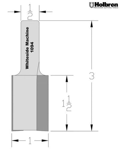 Whiteside 1094 Straight Router Bit 1" Cutting Diameter 1-1/2" Cut Length 1/2" Shank 2 Flute