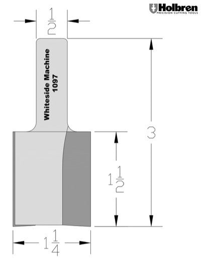 Whiteside 1097 Straight Router Bit 1-1/4" Cutting Diameter 1-1/2" Cut Length 1/2" Shank 2 Flute