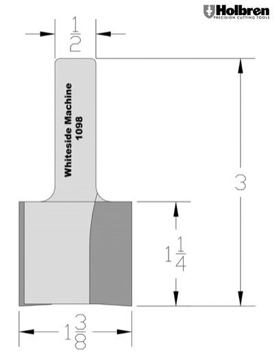 Whiteside 1098 Straight Router Bit 1-3/8" Cutting Diameter 1-3/4" Cut Length 1/2" Shank 2 Flute