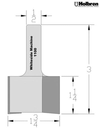Whiteside 1100 Straight Router Bit 1-3/4" Cutting Diameter 1-1/4" Cut Length 1/2" Shank 2 Flute