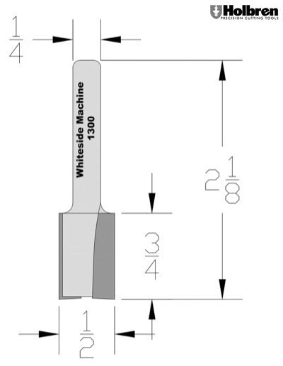 Whiteside 1300 Mortise Router Bit 1/2" Cutting Diameter 3/4" Cut Length 1/4" Shank 2 Flute