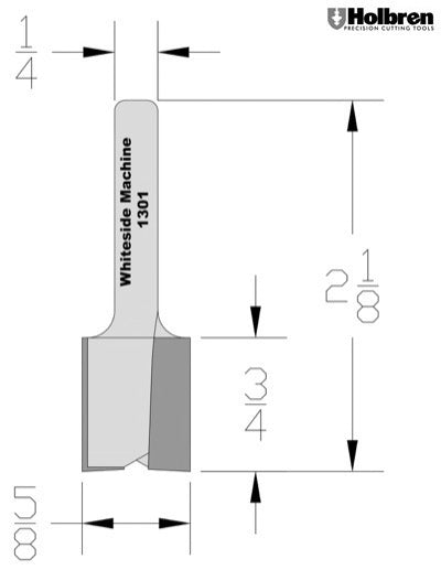 Whiteside 1301 Mortise Router Bit 5/8" Cutting Diameter 3/4" Cut Length 1/4" Shank 2 Flute