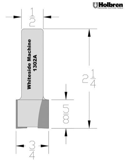 Whiteside 1302A Mortise Router Bit 3/4" Cutting Diameter 5/8" Cut Length 1/2" Shank 2 Flute