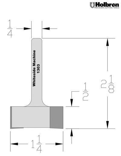 Whiteside 1303 Mortise Router Bit 1-1/4" Cutting Diameter 1/2" Cut Length 1/4" Shank 2 Flute