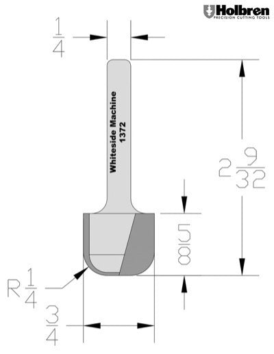 Whiteside 1372 Bowl & Tray Router Bit 1/4" Radius 3/4" Cutting Diameter 5/8" Cut Length 1/4" Shank 2 Flute
