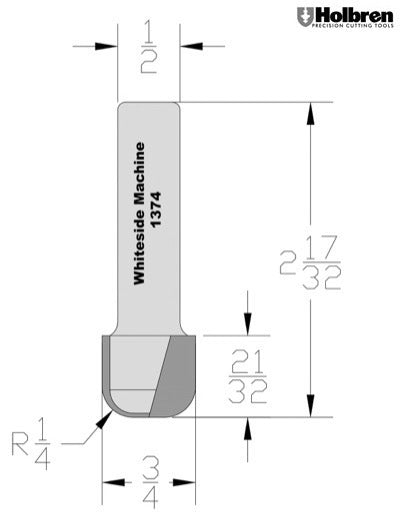 Whiteside 1374 Bowl & Tray Router Bit 1/4" Radius 3/4" Cutting Diameter 5/8" Cut Length 1/2" Shank 2 Flute