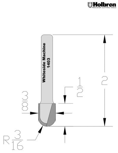 Whiteside 1403 Round Nose Router Bit 3/16" Radius 3/8" Cutting Diameter 1/2" Cut Length 1/4" Shank 2 Flute